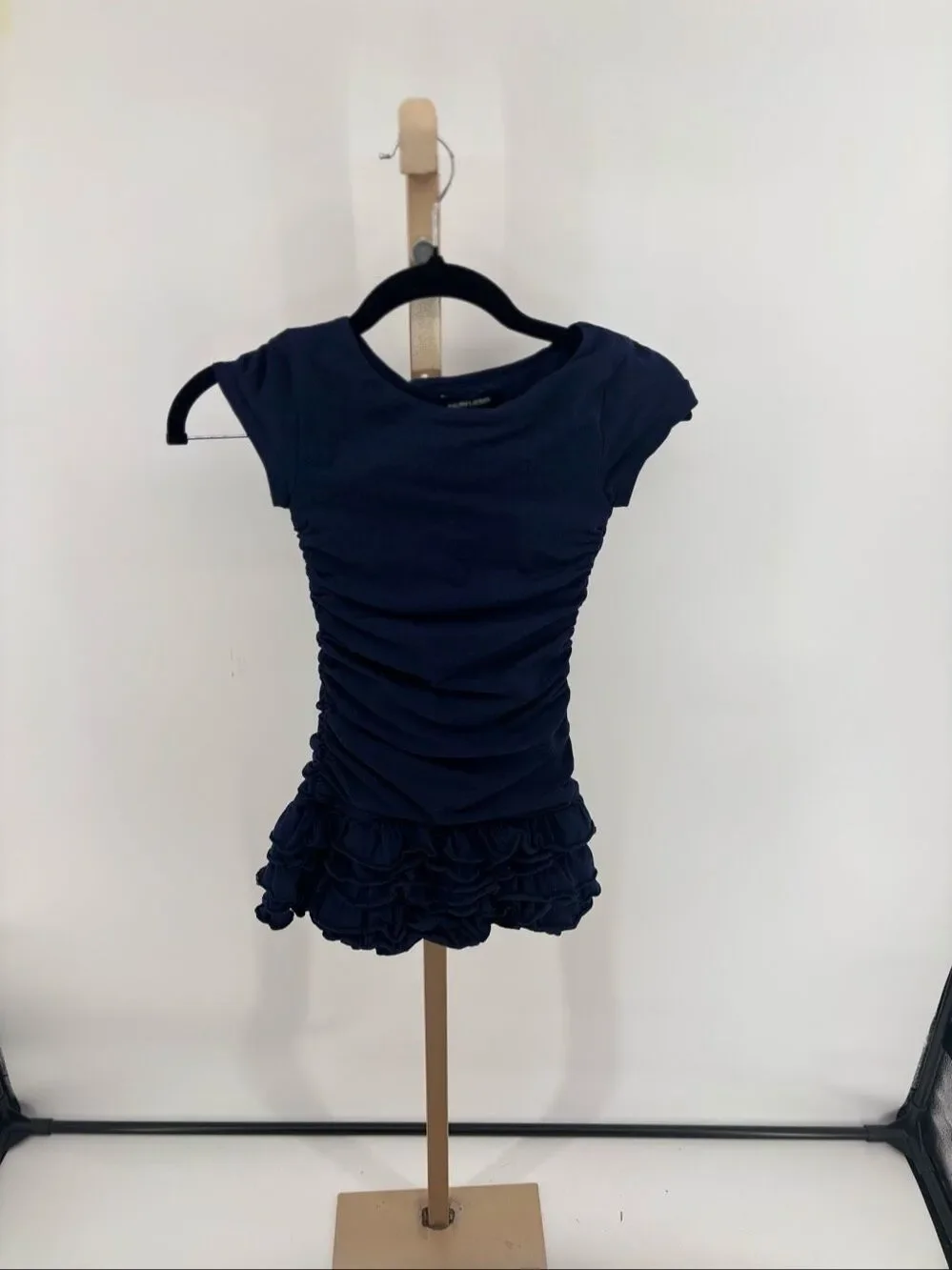 Ralph Lauren Girls Size 5 Cap Sleeve Navy Dress Ruched Ruffled Hem Nautical Prep